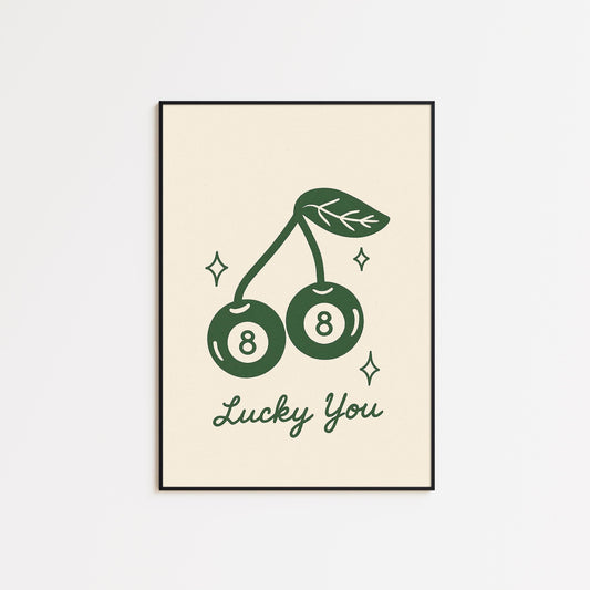 Lucky You Poster – Retro Cherry 8 Ball Minimal Line Art Print