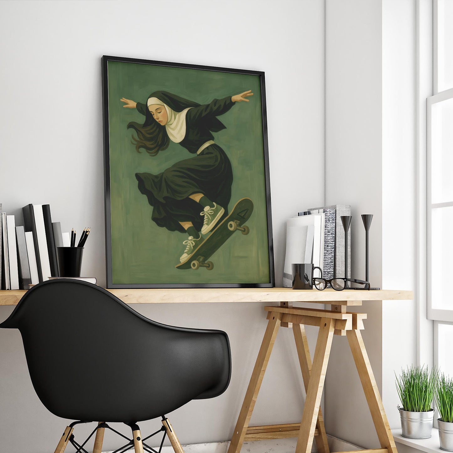 Rebel Nun Wall Art – Surreal Skateboard Print | Bold Gothic Decor