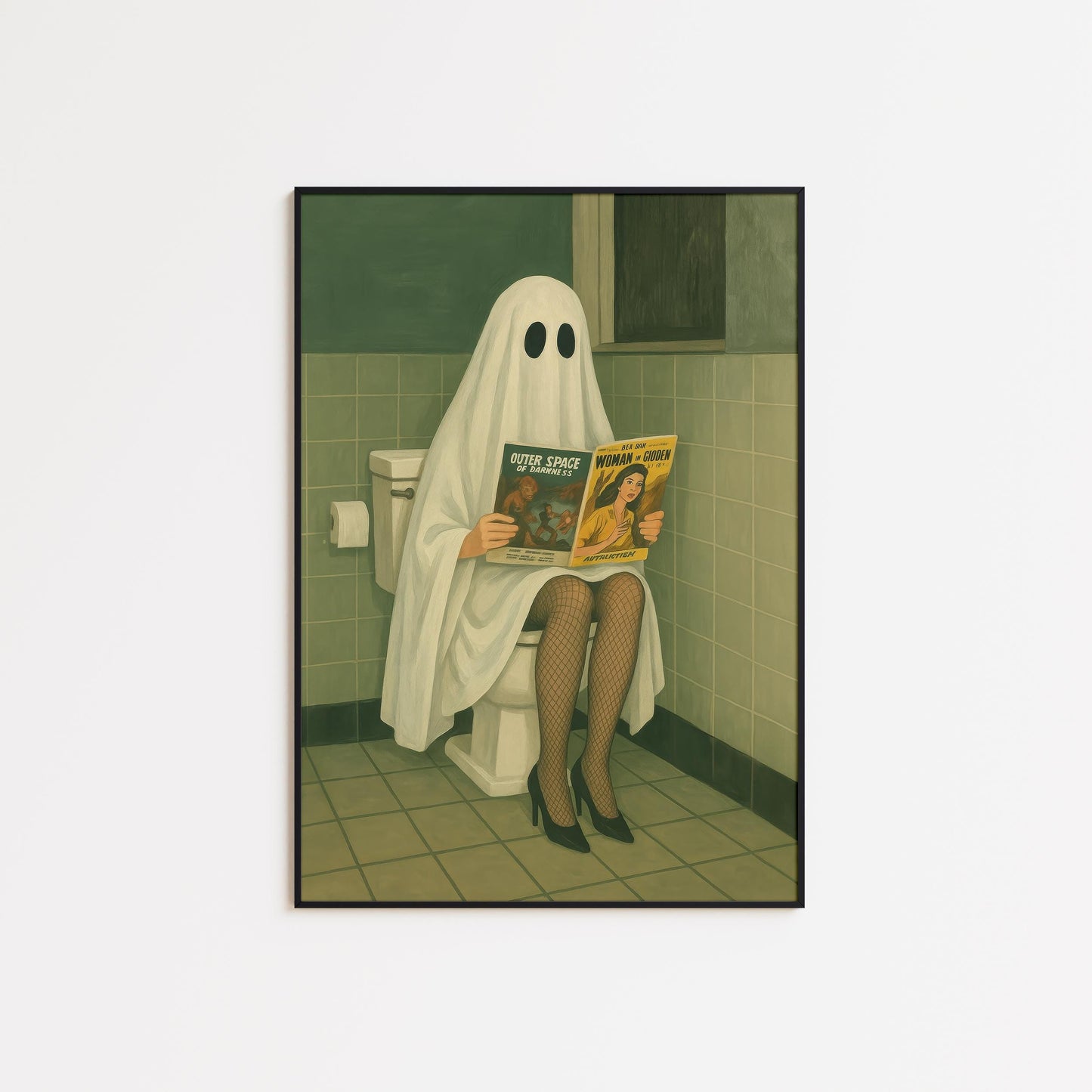 Quirky Bathroom Wall Art – Surreal Funny Ghost Print With Moody Green Tiles