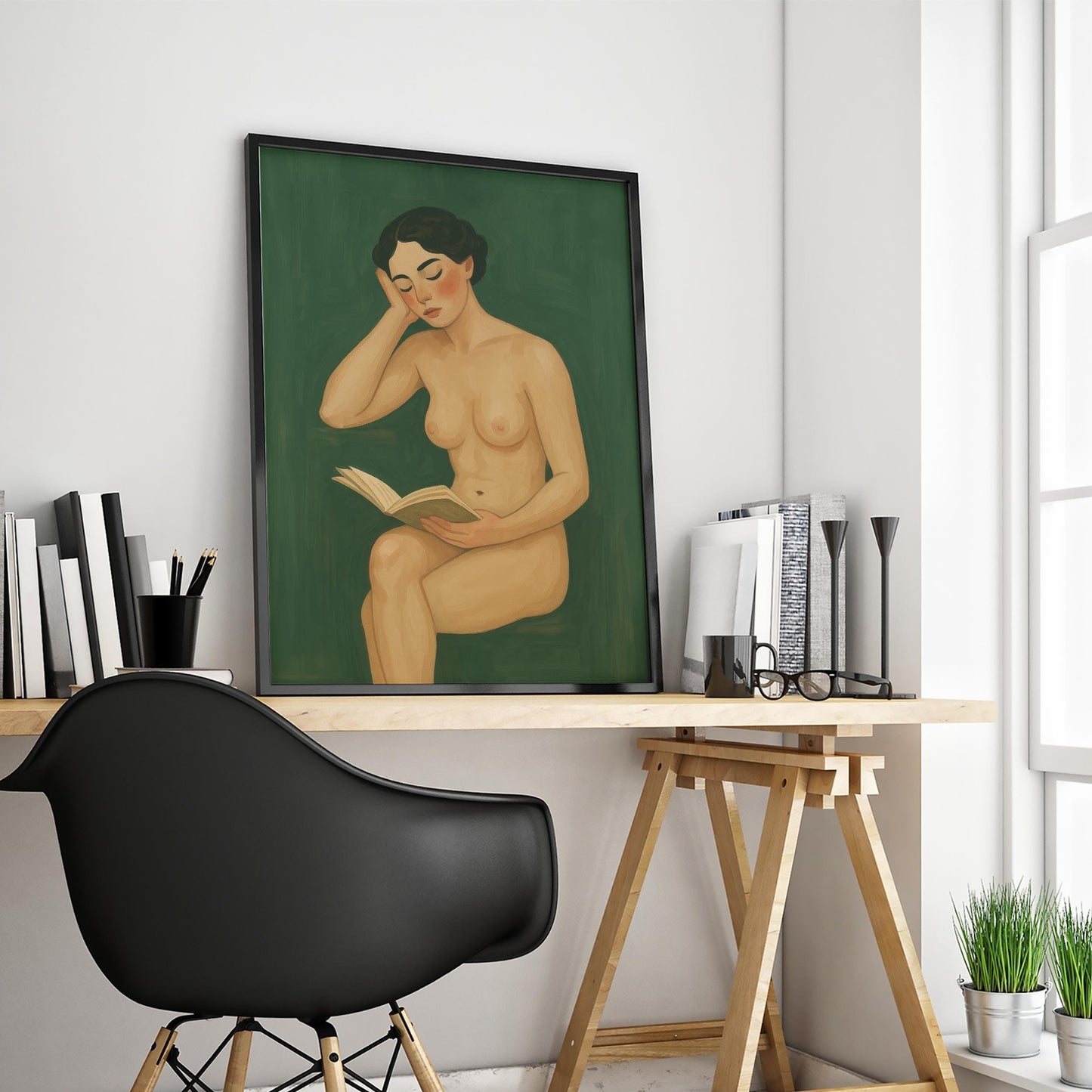 Nude Reading Woman Art – Feminine Book Lover Poster With Vintage Calm