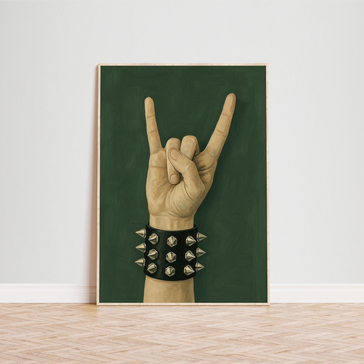 Rock Hand Poster – Gothic Minimalist Wall Art With Studded Leather Bracelet