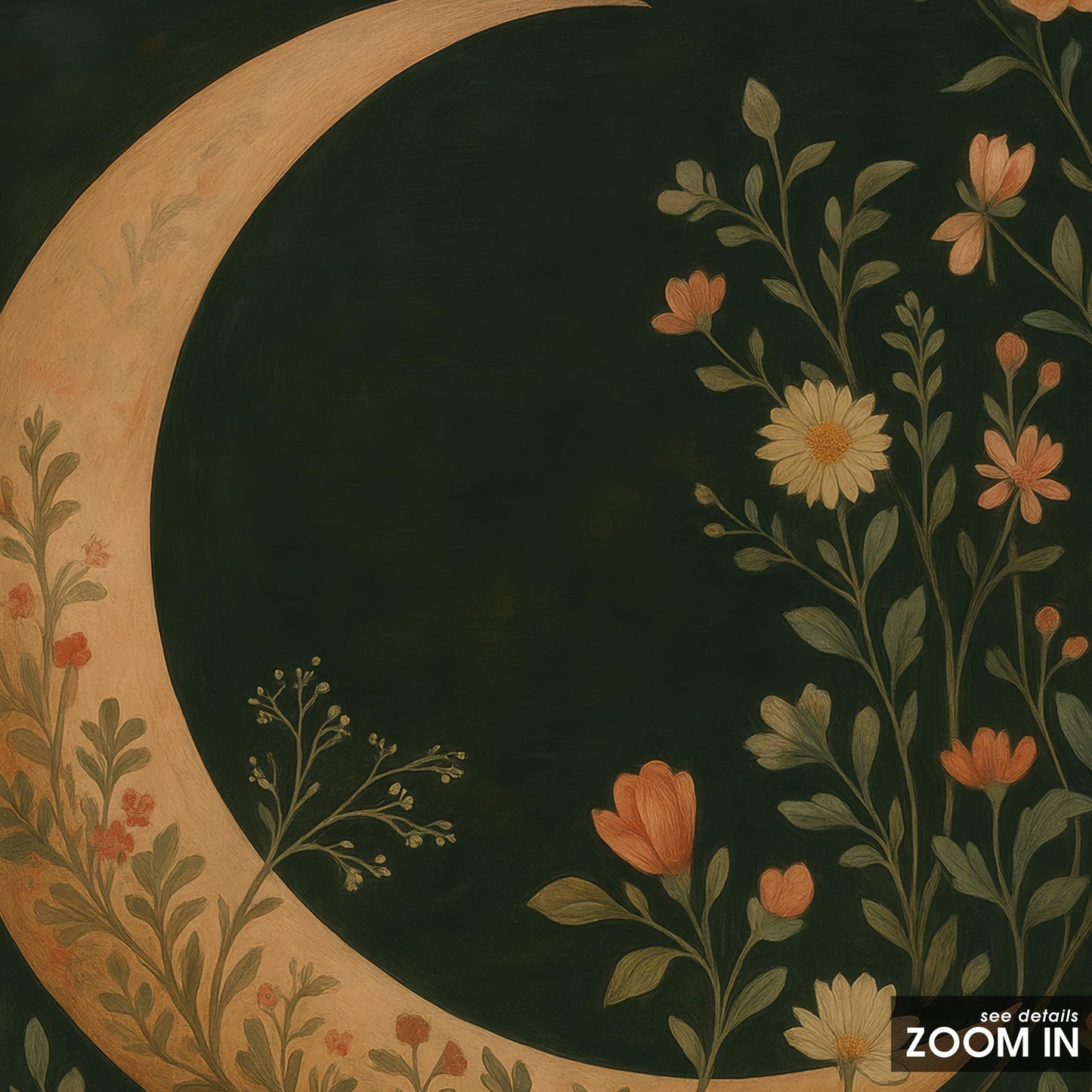 Floral Crescent Moon Botanical Wall Art – Dark Folk Decor, Ethereal Design