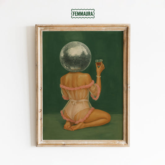 Disco Ball Art Print – Surreal Wall Decor With Glam Girl & Retro Party Vibe
