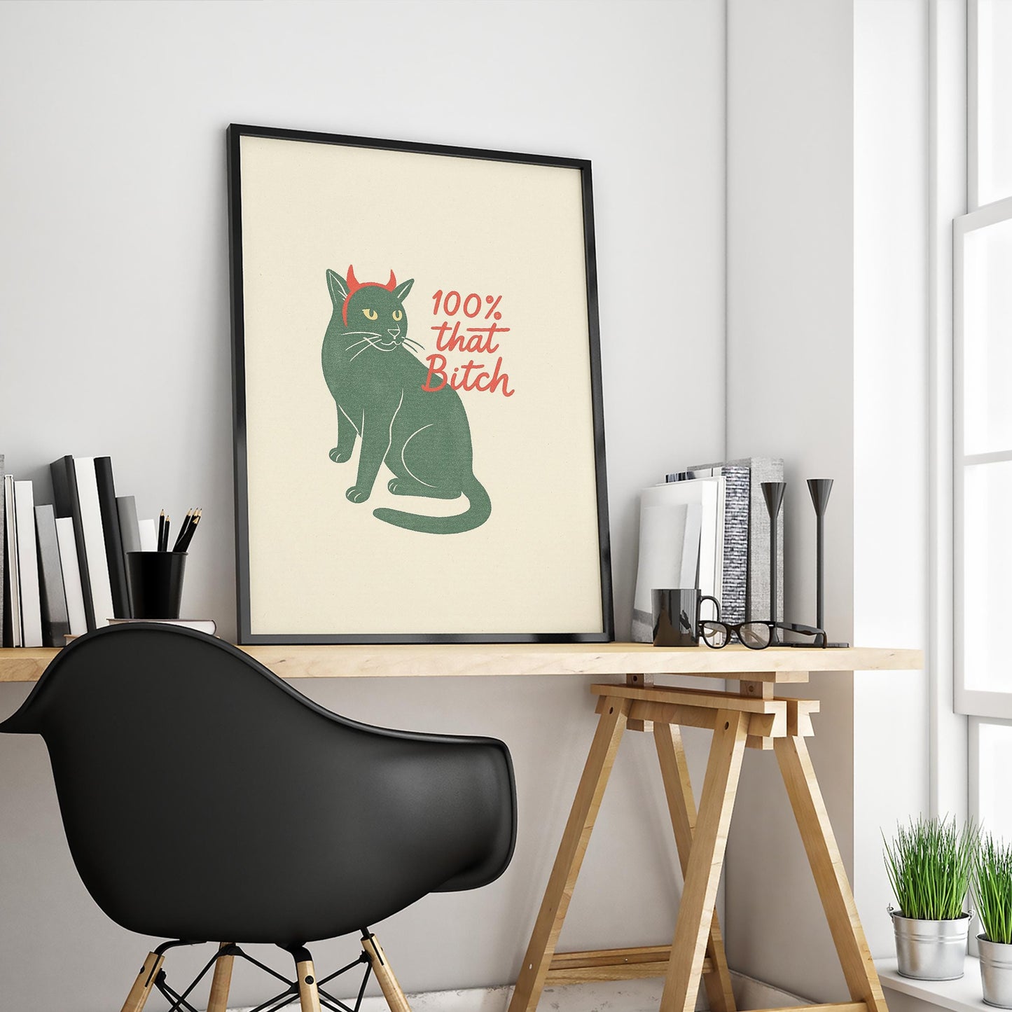 Confident Cat – 100% That Bitch Minimal Poster, Bold Modern Line Art Print