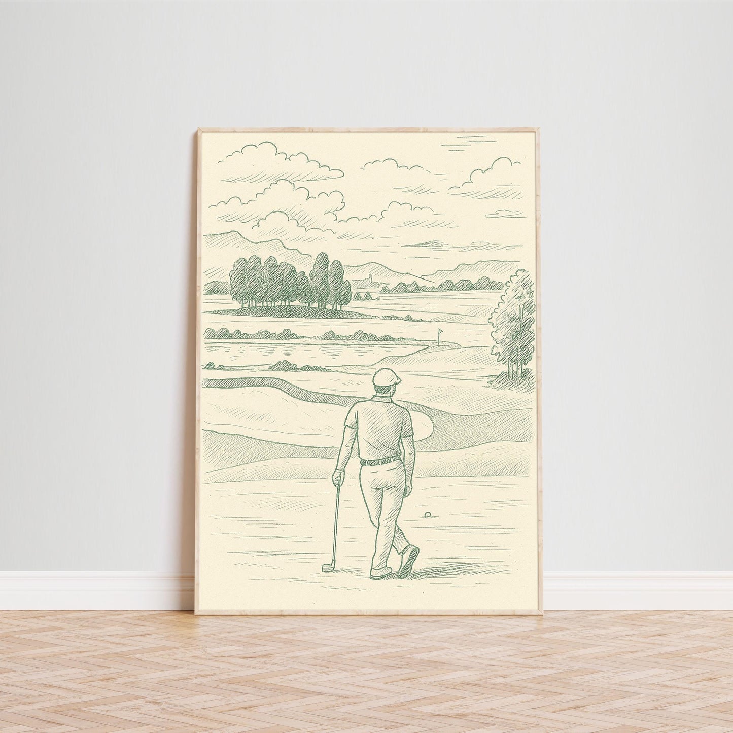 Golf Landscape Poster – Minimal Vintage Green Line Art for Sport Lovers