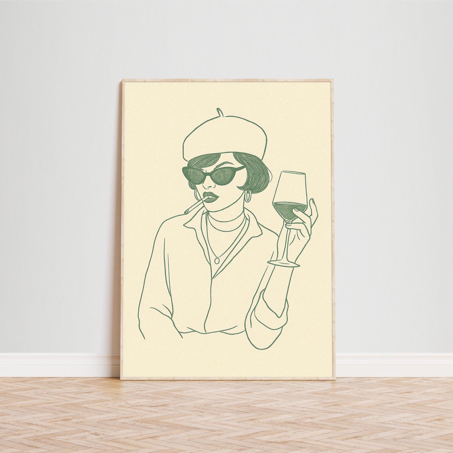 Parisian Mood Poster – Chic Woman with Wine Minimal Line Art