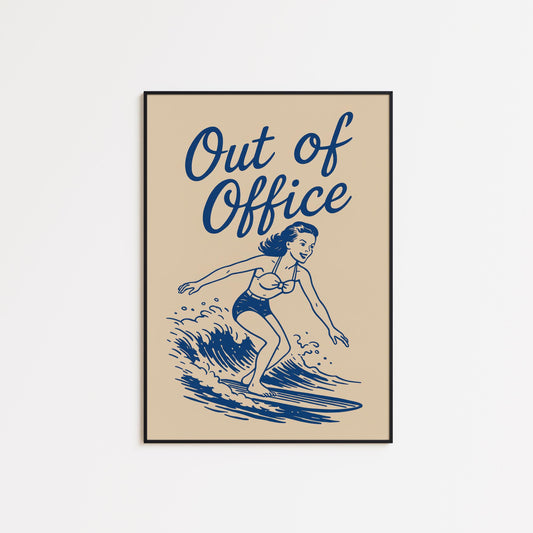 Out of Office Poster – Retro Surfer Girl Summer Wall Art