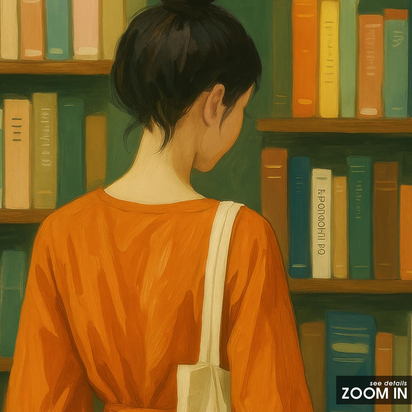 Bookstore Girl Poster – Quiet Reading Art | Orange Dress, Cozy Library Wall Print