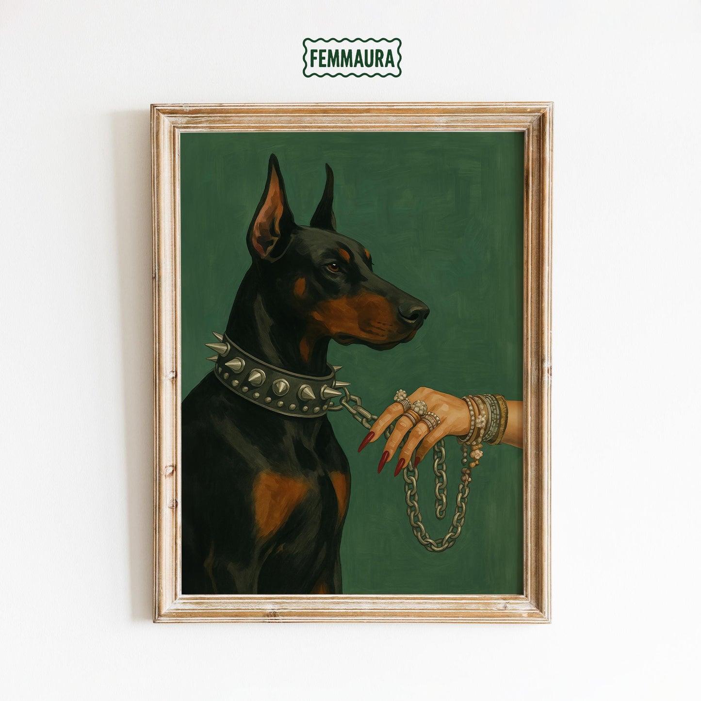 Doberman Wall Art – Luxury Dog Poster With Dark Green Decor & Bold Statement
