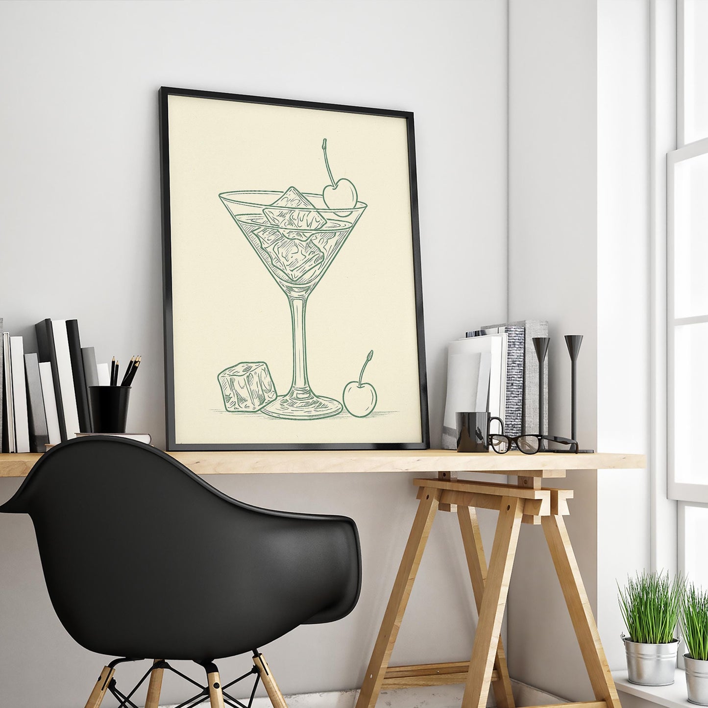 Martini Line Art Poster - Minimalist Cocktail Art | Vintage Bar Print