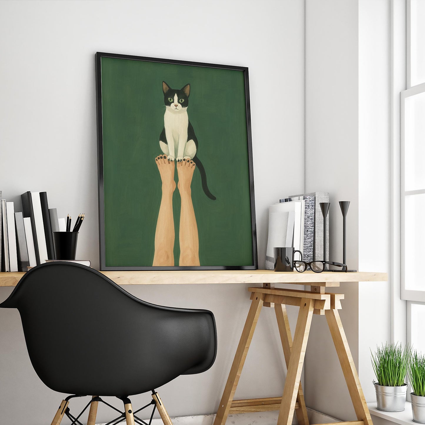 Cat Wall Art – Minimalist Cat Poster | Green Gouache Print | Modern Decor