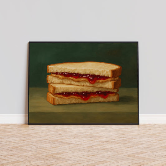 PB&J Sandwich Art Retro Food Poster – Moody Kitchen Decor & Nostalgic Wall Art