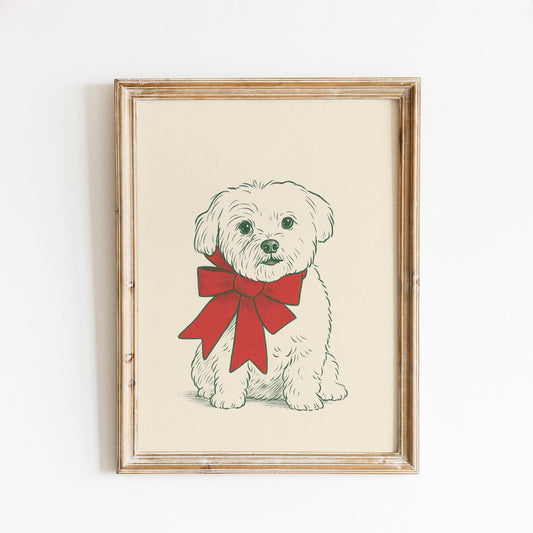 Christmas Puppy Poster – Cute Dog with Red Bow Holiday Art Print