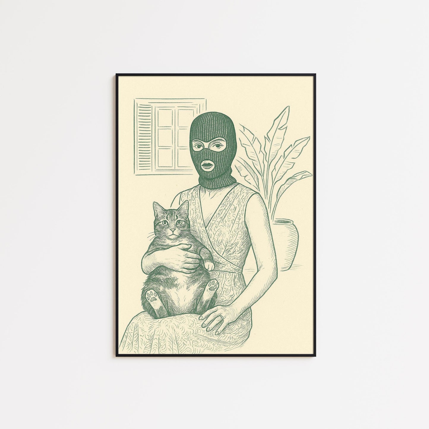 Masked Woman with Cat Poster – Surreal Line Art Print, Femmaura Bold Series