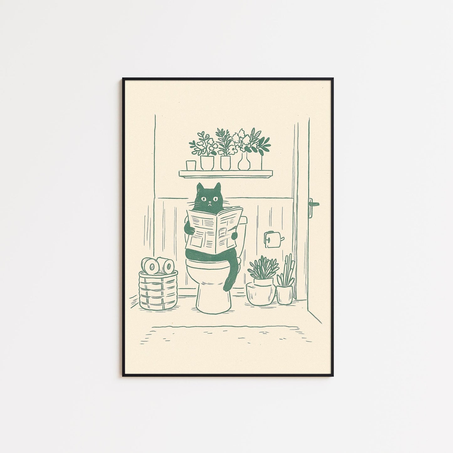 Bathroom Cat Poster – Funny Minimal Line Art Wall Decor