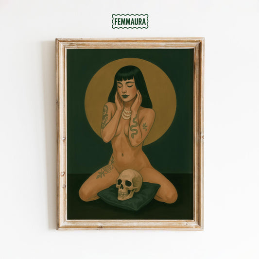 Dark Academia Wall Art – Tattooed Woman Print with Skull Gothic Decor