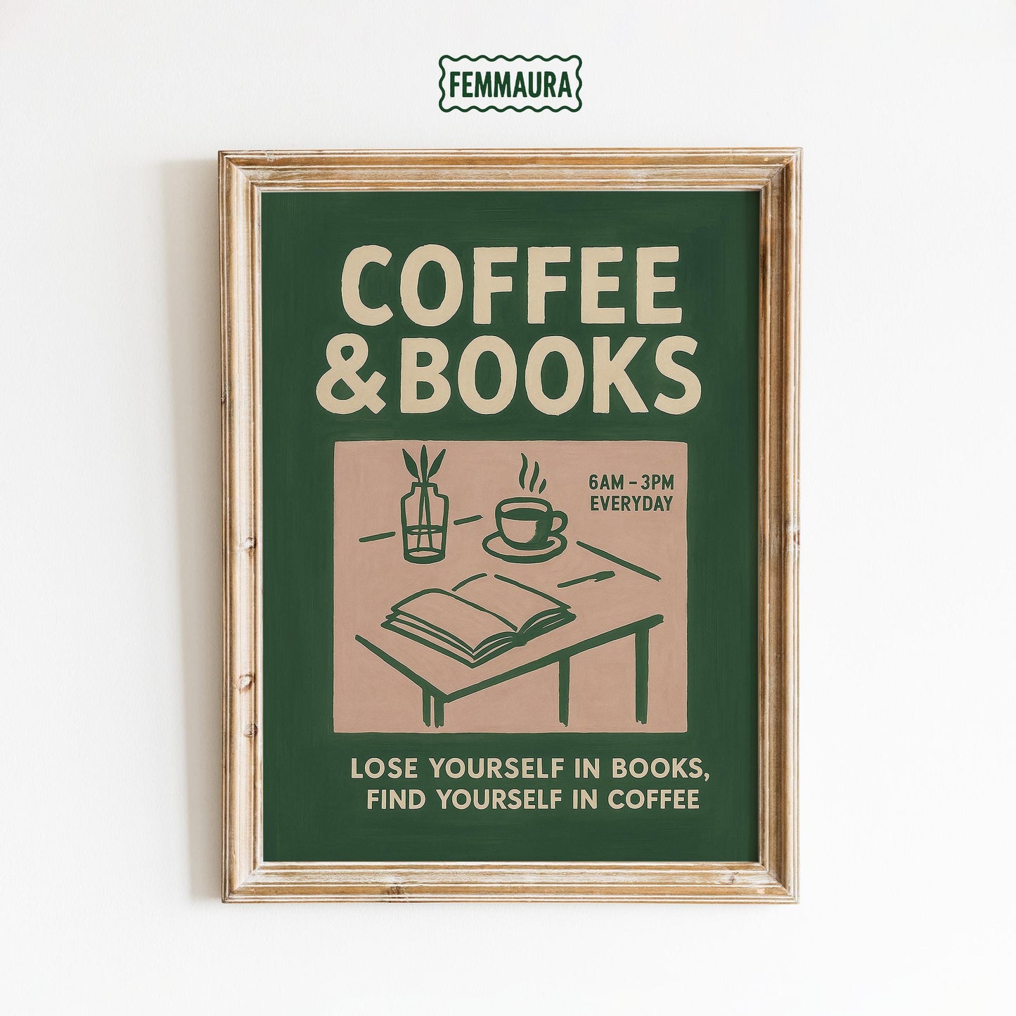 Coffee Books Poster – Cozy Reading Art With Warm Green Library Wall Decor