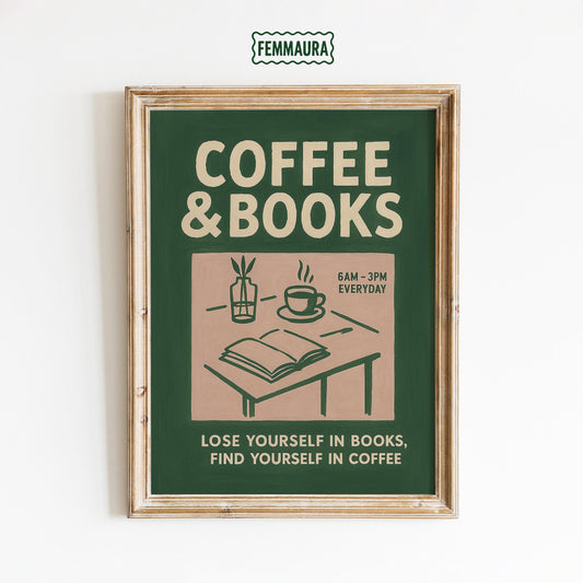 Coffee Books Poster – Cozy Reading Art With Warm Green Library Wall Decor