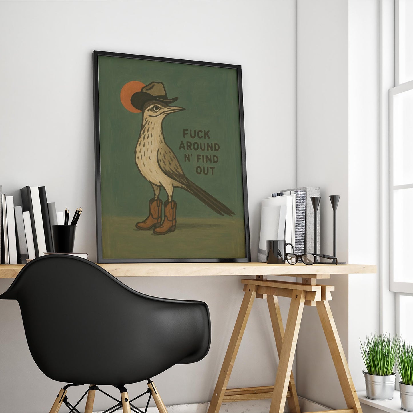 Cowboy Bird Poster – Rustic Western Wall Art With Cheeky Cowboy Boots Decor