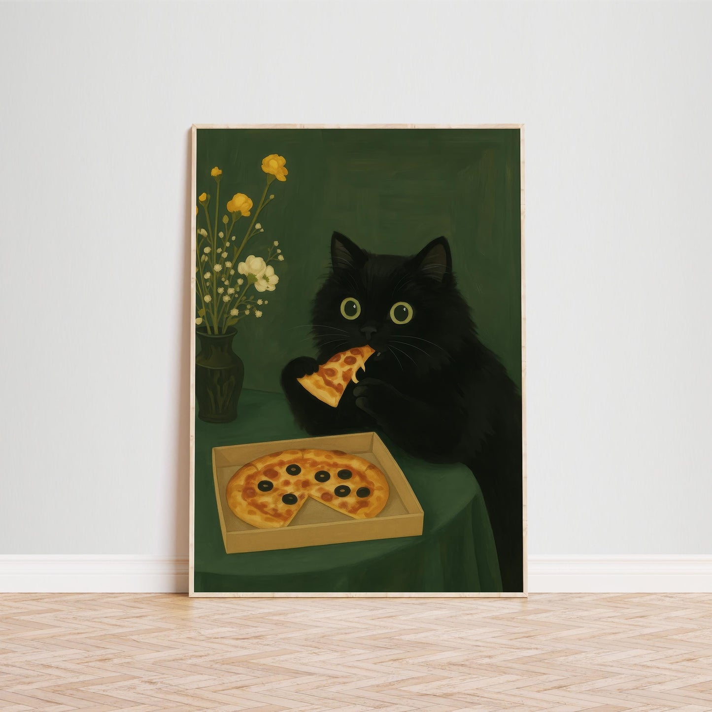 Black Cat Wall Art – Funny Cat Poster With Pizza Lover Decor & Playful Charm