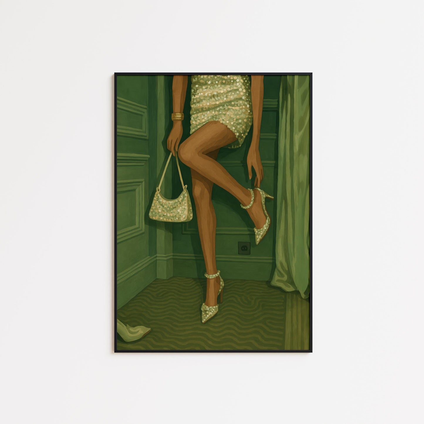 Feminine Wall Art – Glam Legs Artwork in Green Tone Poster with Pearl Dress Print