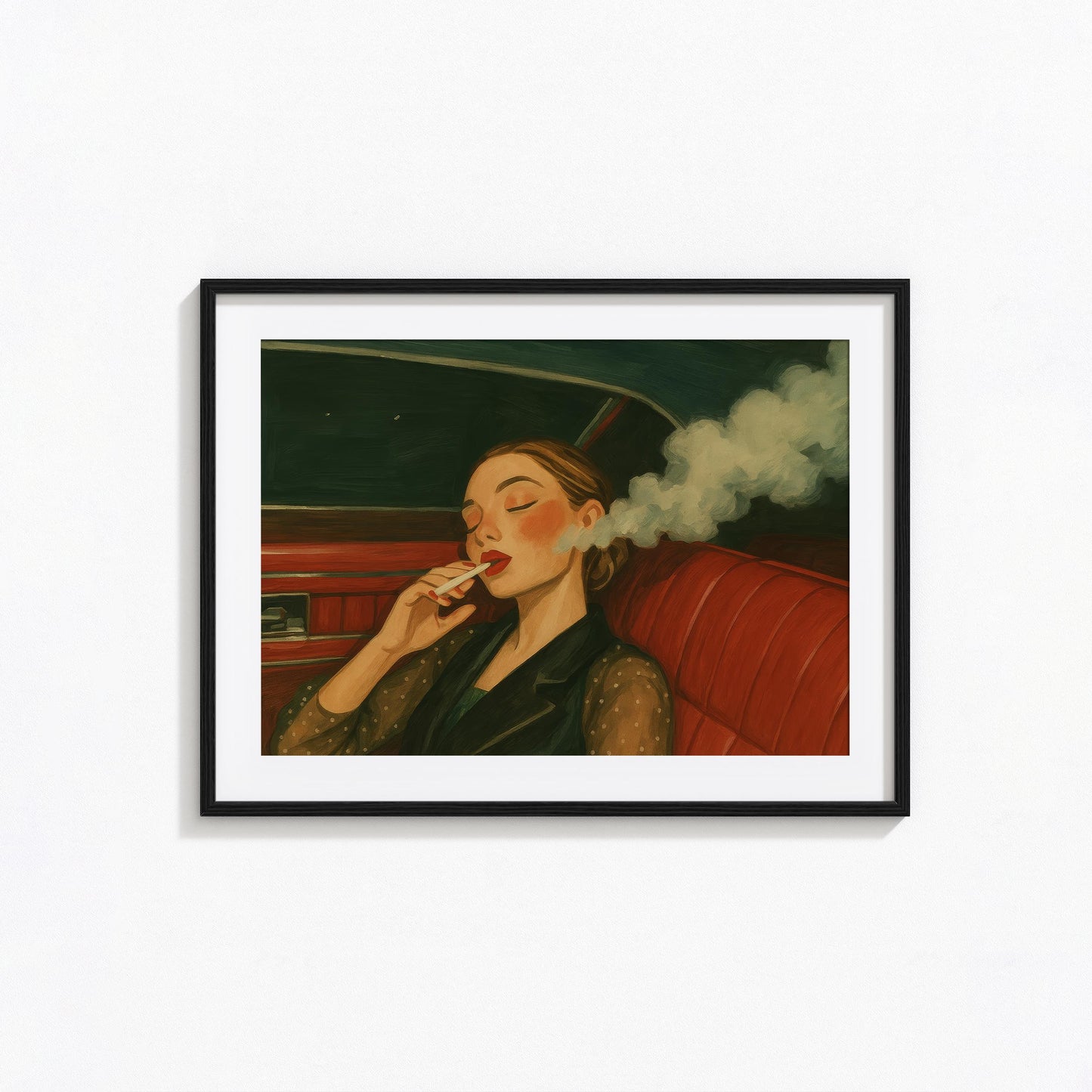 Retro Smoking Girl Art – Moody Red Interior Femme Fatale Poster Print