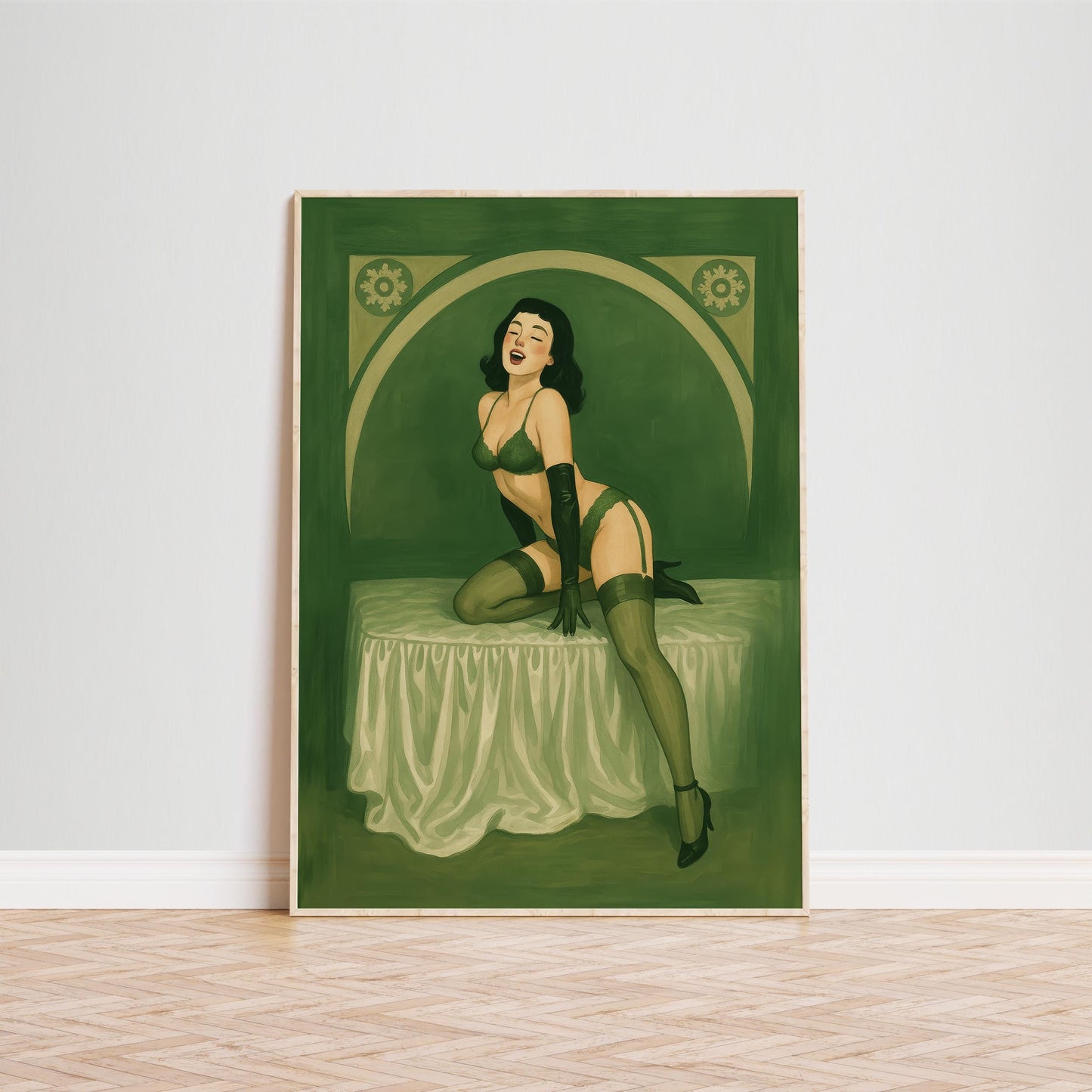 Vintage Pin Up Art – Retro Glamour Illustration | Green Lingerie Print