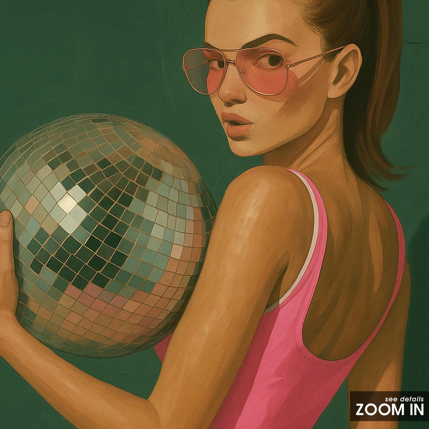 Retro Glam Poster – Bold Pink Swimsuit Art With Disco Ball Wall Decor