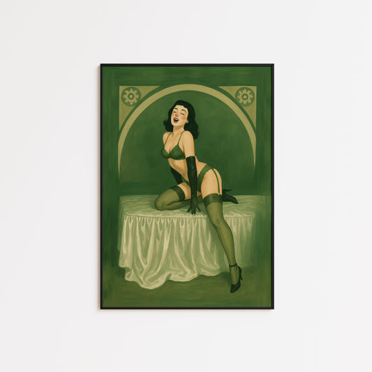 Vintage Pin Up Art – Retro Glamour Illustration | Green Lingerie Print