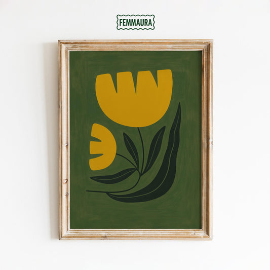 Olive Green Wall Art – Retro Floral Poster | Minimalist Tulip Print