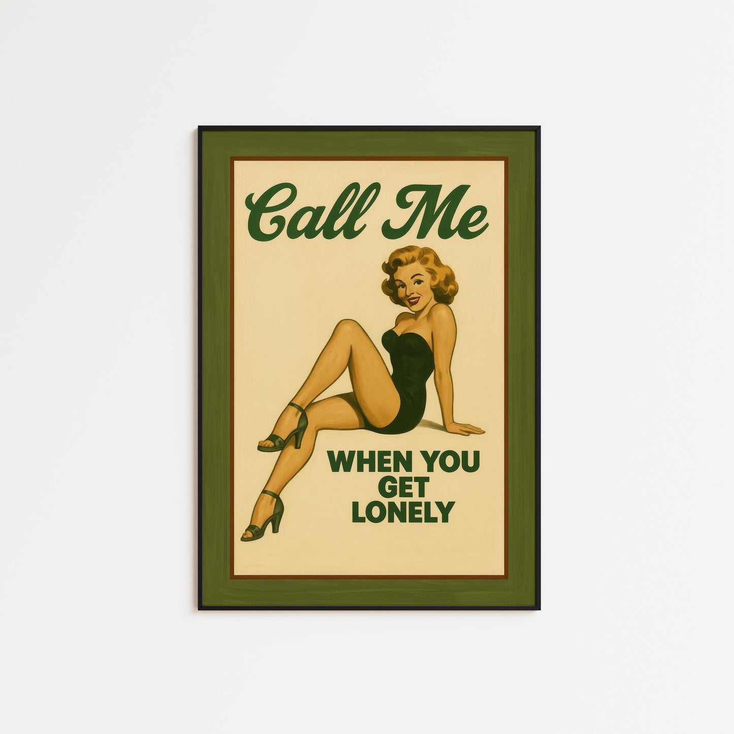 Retro Pin-Up Poster – Vintage Wall Art With Cheeky Olive Green Charm