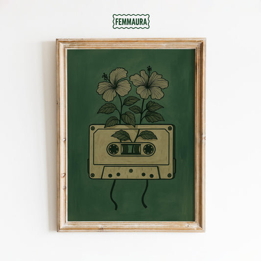 Retro Music Wall Art – Vintage Cassette Poster With Floral Tape Flower Art