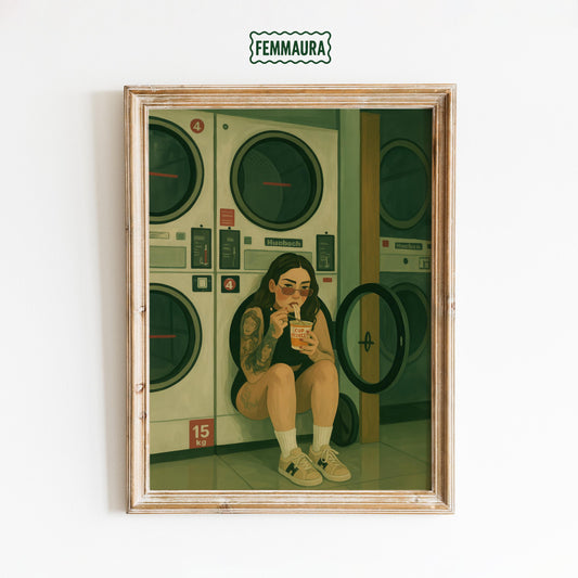 Tattooed Girl Poster – Retro Urban Artwork | Laundromat Art Print, Edgy Wall Decor