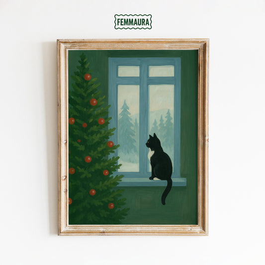 Christmas Cat Poster – Cozy Retro Holiday Art | Vintage Xmas Decoration Print