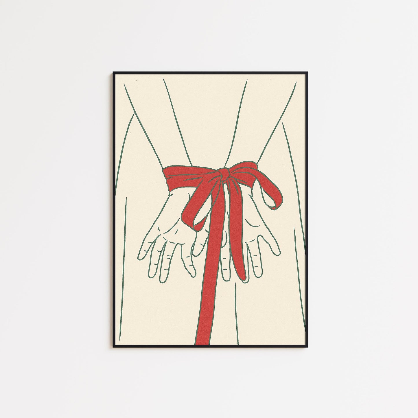 Red Ribbon Hands Poster – Minimal Line Art Feminine Wall Decor