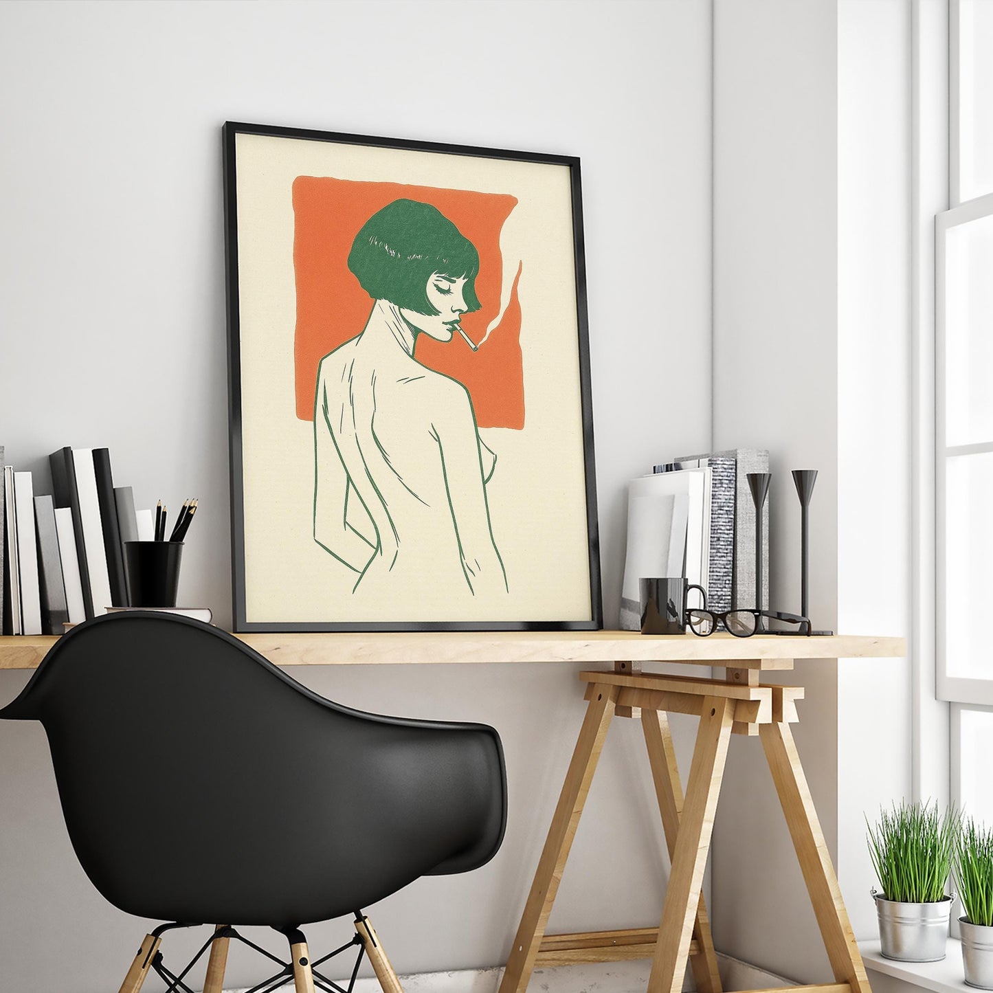 Bold Minimal Woman Poster – Retro French Line Art Print, Warm Orange Wall Decor