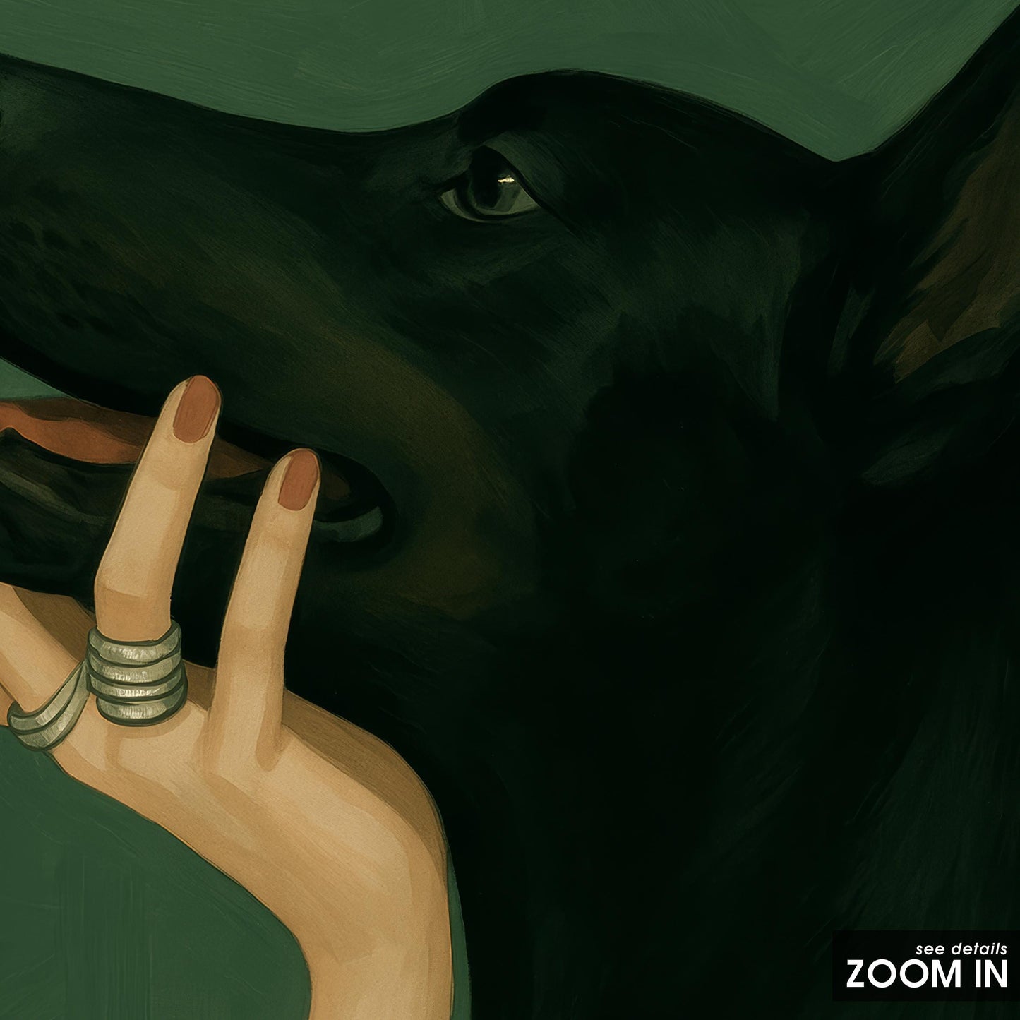 Black Dog Art Print – Witchy Wall Decor with Feminine Hand & Gothic Animal Art