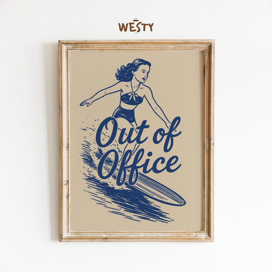 Out of Office Poster – Retro Surfer Cowgirl Wall Art Print