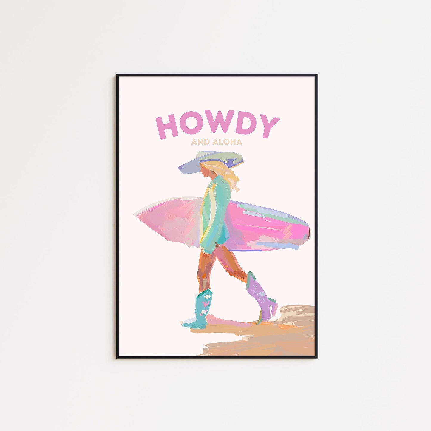 Howdy and Aloha Poster – Western Surfer Girl Pastel Wall Art