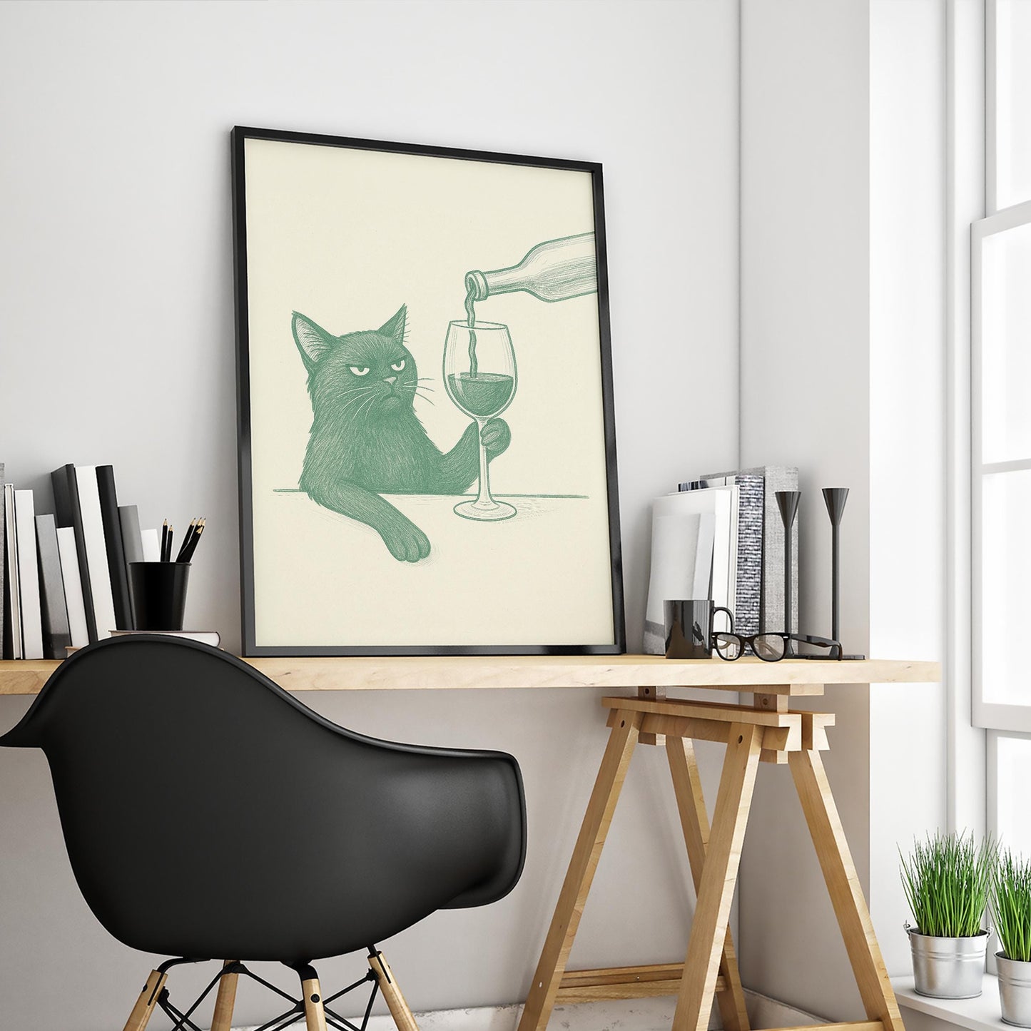 Funny Cat with Wine Print – Minimalist Line Art