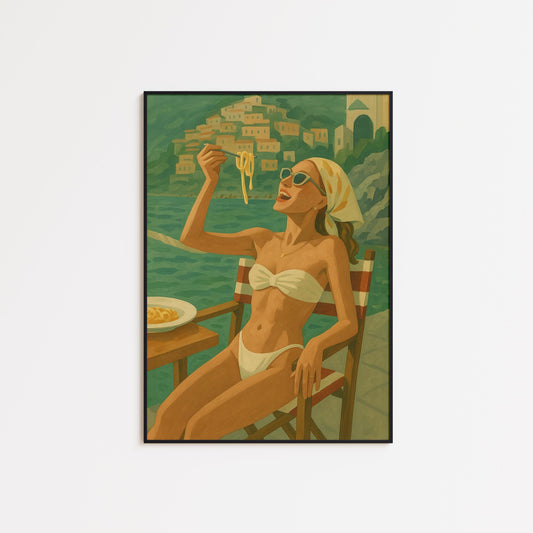 Amalfi Pasta Poster – Retro Italian Summer Art | Coastal Dining Decor Print