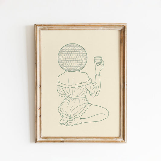 Disco Girl Line Art Print – Minimalist Retro Wall Art, Modern Feminine Poster
