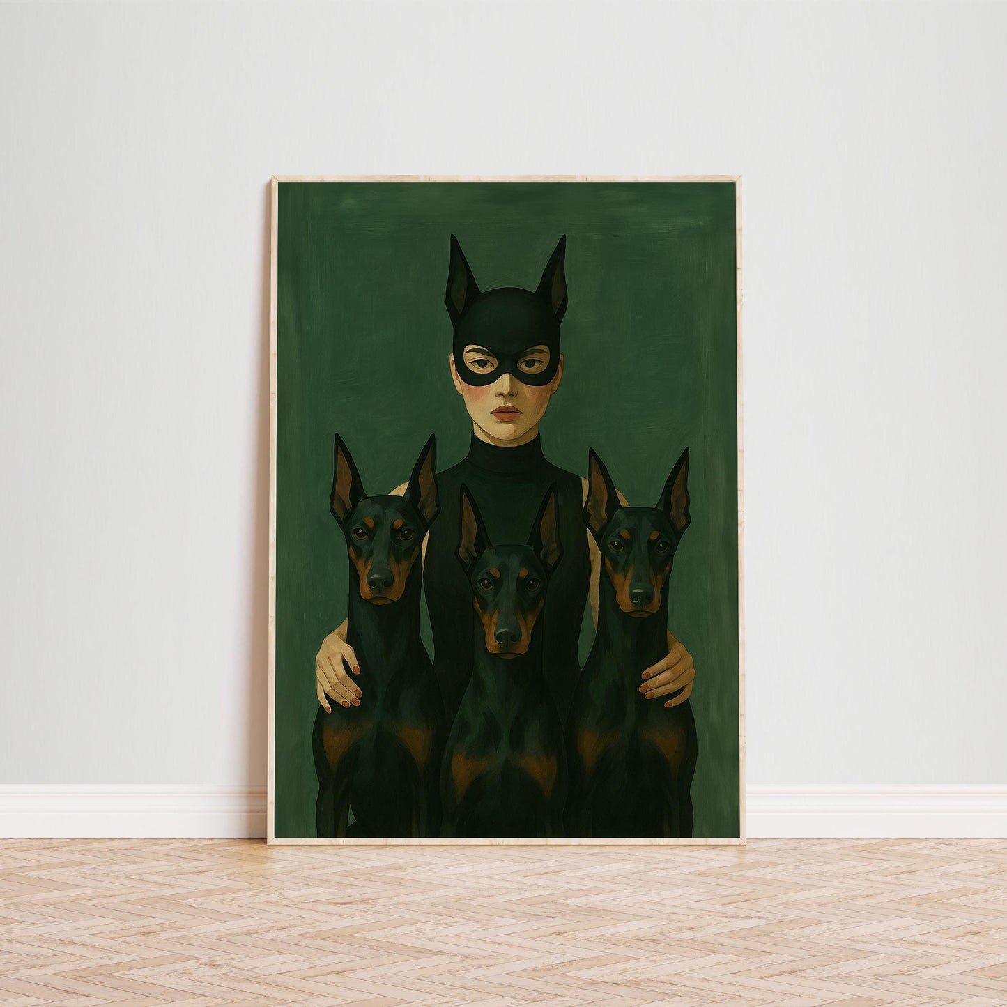 Dark Feminine Wall Art – Masked Woman Print with Doberman Dog Artwork