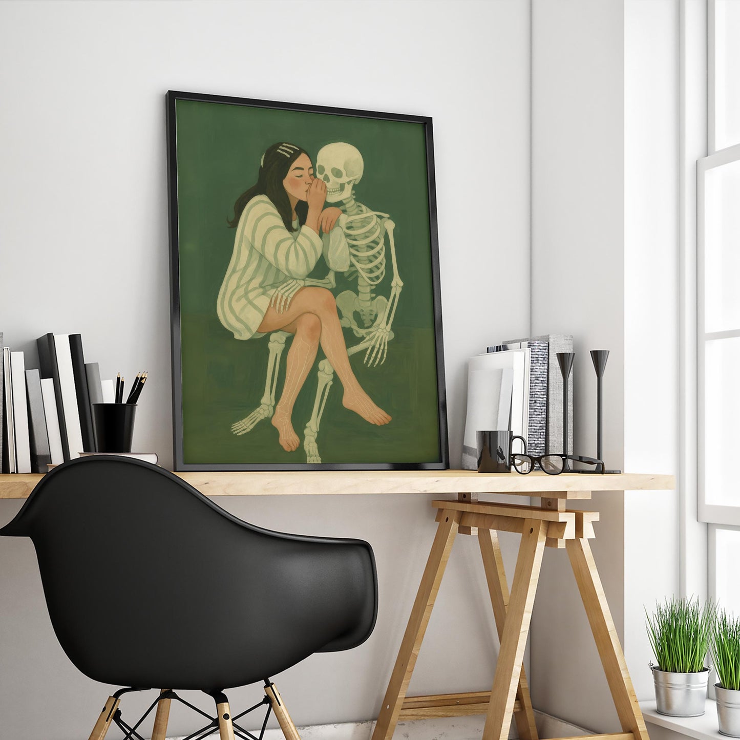 Dark Surreal Wall Art – Gothic Love Skeleton Print With Deep Green Moody Decor