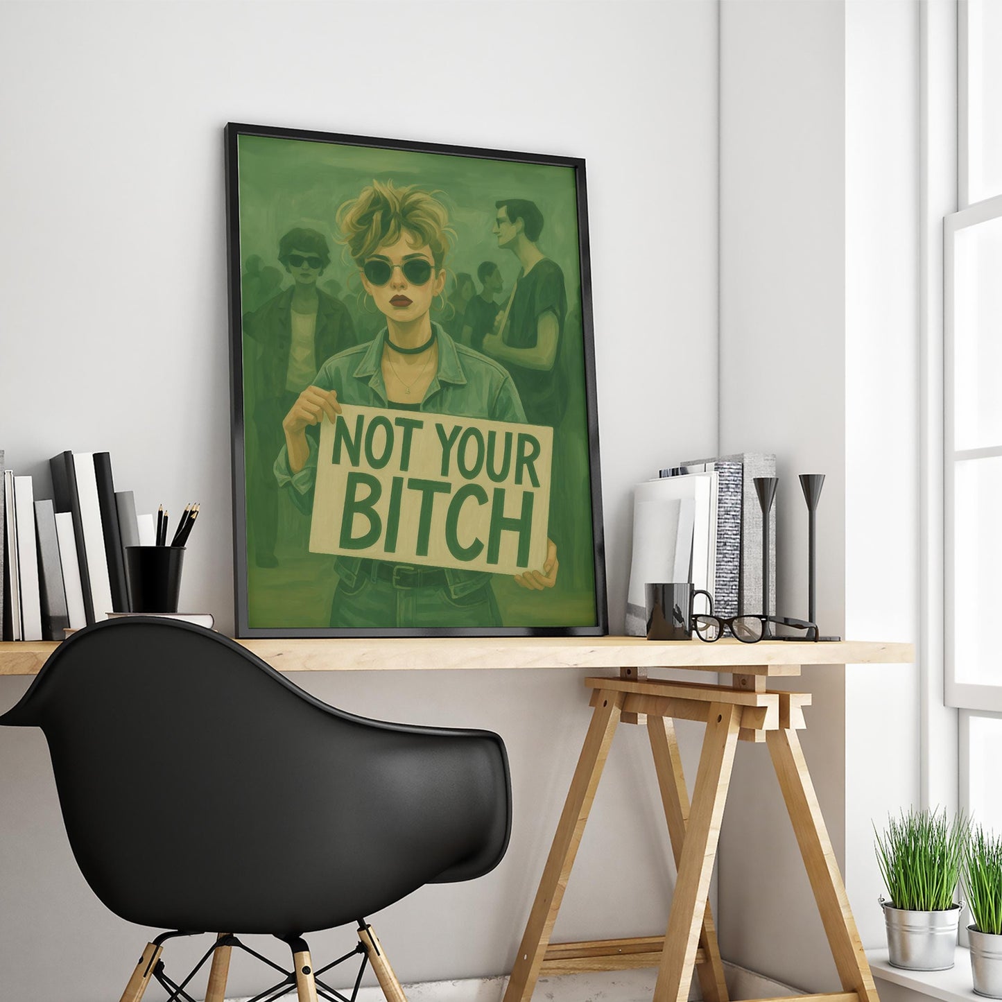 Feminist Protest Poster – Retro Wall Art with Bold Woman Decor & Green Protest Art