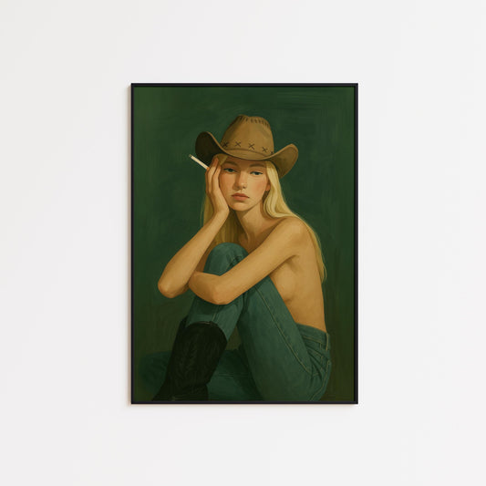 Cowgirl Portrait Art – Minimalist Western Print | Feminine Vintage Poster