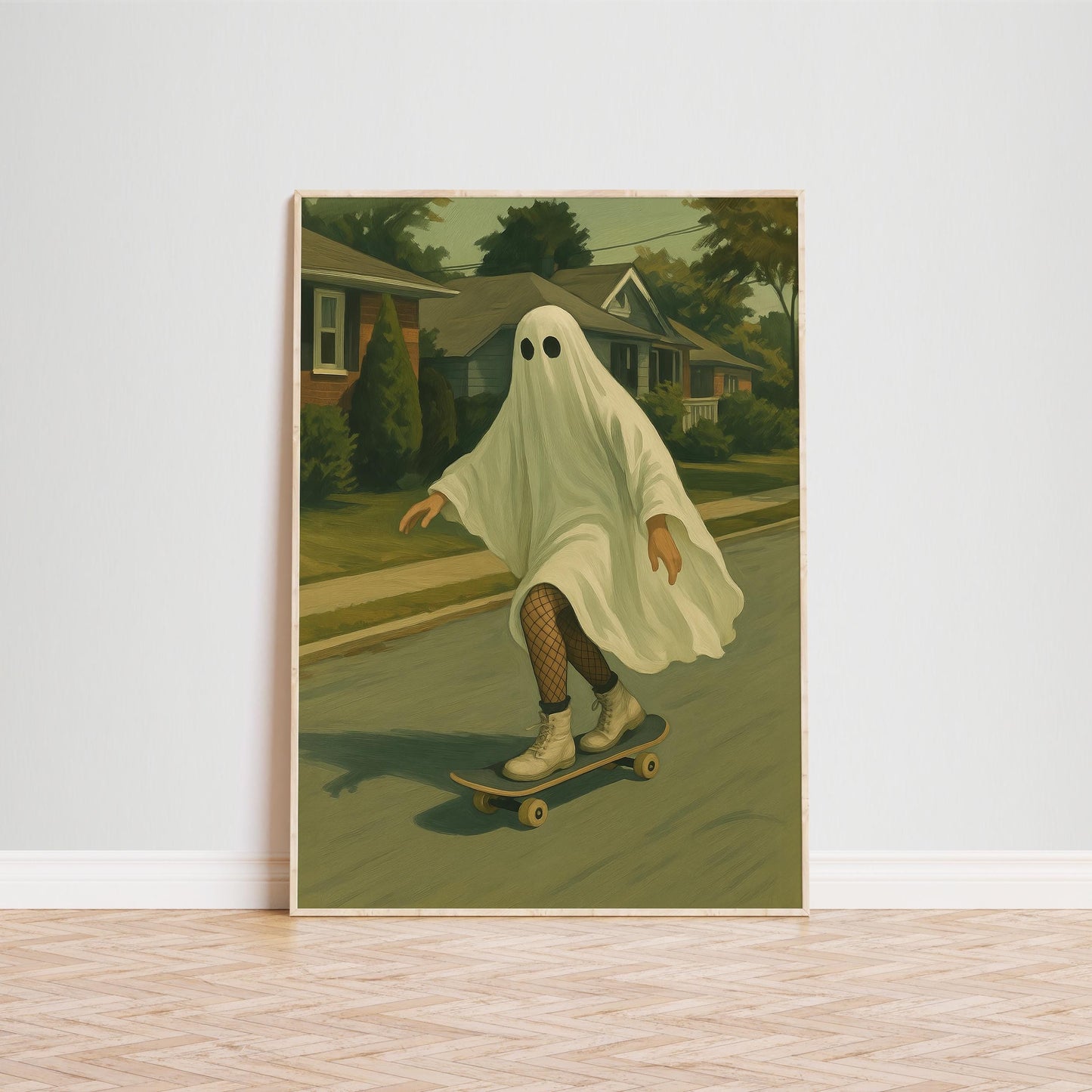 Skater Ghost Art Print – Whimsical Spooky Wall Poster | Retro Gothic Decor