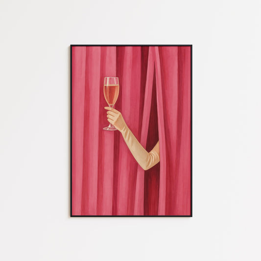 Champagne Wall Art – Elegant Glam Home Decor With Red Curtain And Sophisticated Style