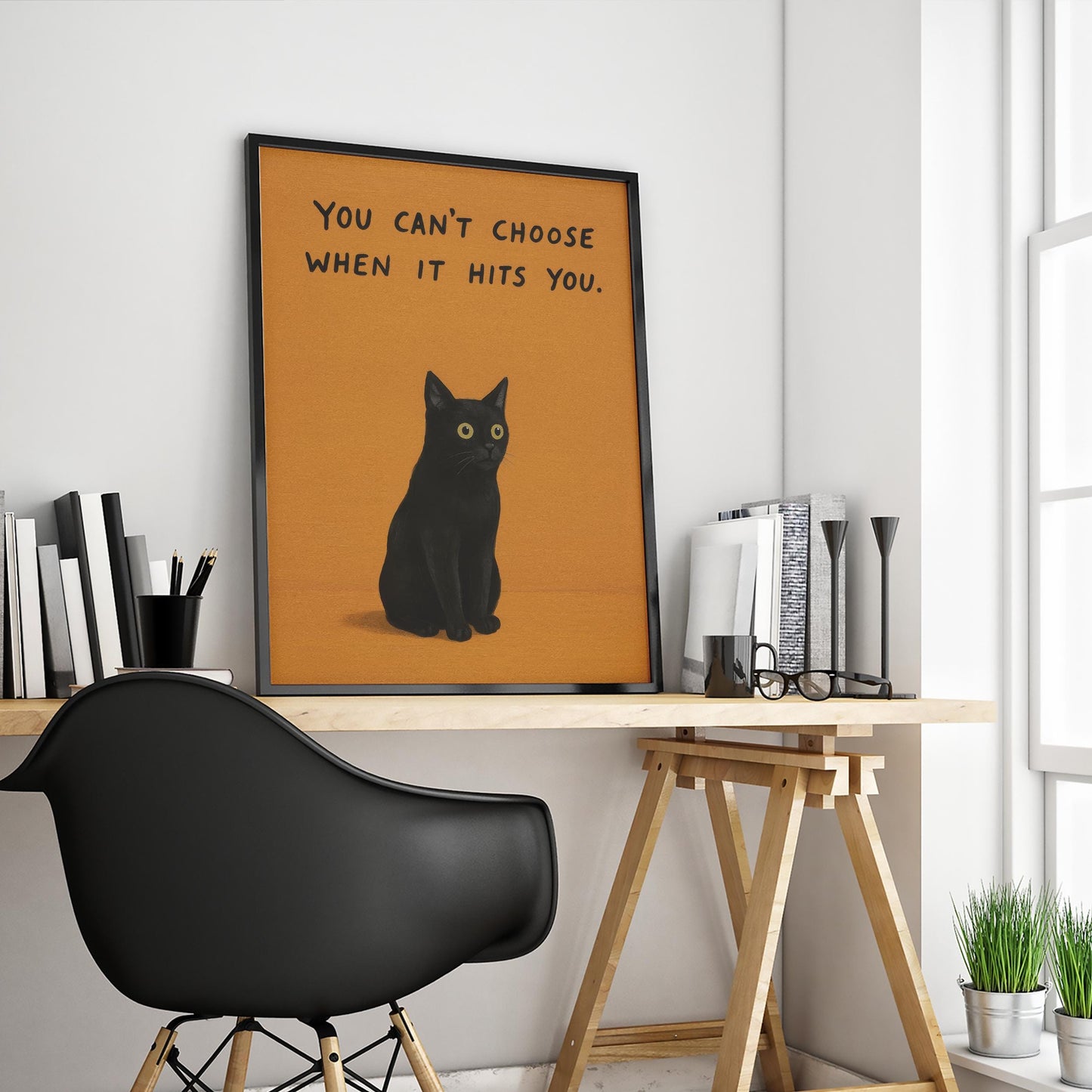 Black Cat Wall Art – Minimalist Emotional Cat Poster with Orange Retro Print