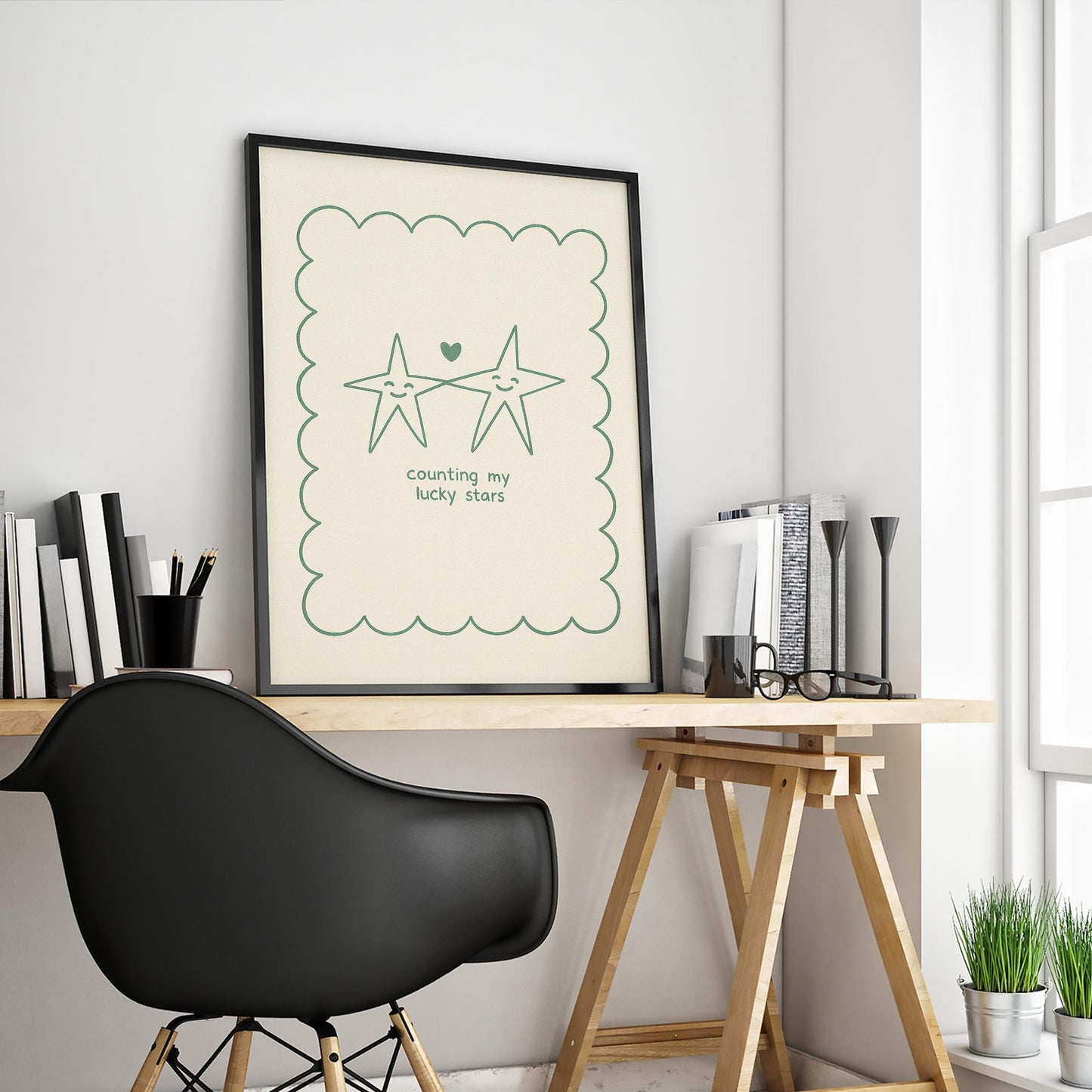 Counting My Lucky Stars Poster – Minimal Cute Line Art, Wholesome Wall Print